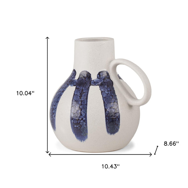 HomeRoots 10" Abstract White and Blue Amphora Ceramic Jug Vase - Handcrafted Artistry for Modern Homes 608600