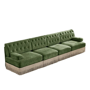 English Elm 135" Modular Chesterfield Sectional Sofa Velvet Tufted Tassel Skirt Lounge Seating Green W714S01710