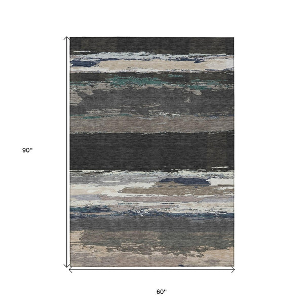 HomeRoots 5' Black Abstract Area Rug - Versatile Indoor Outdoor Design for Modern Spaces, Stain-Resistant & Washable 5' X 8' 608626