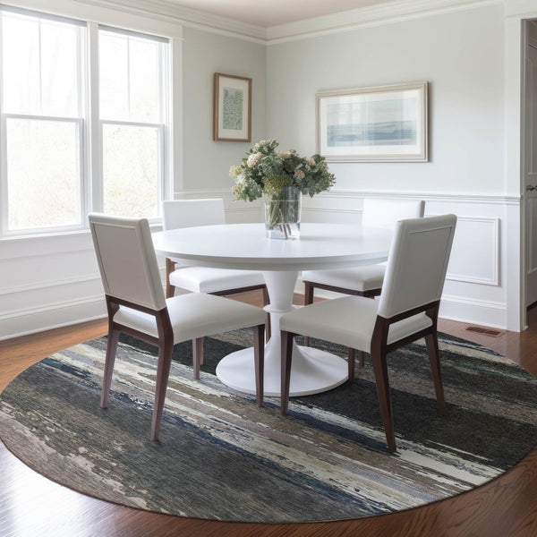 HomeRoots 5' Black Abstract Area Rug - Versatile Indoor Outdoor Design for Modern Spaces, Stain-Resistant & Washable 8' Round 608627