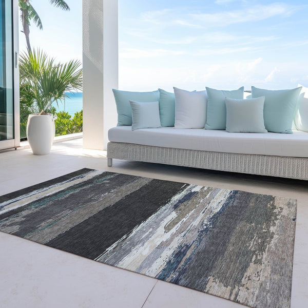 HomeRoots 5' Black Abstract Area Rug - Versatile Indoor Outdoor Design for Modern Spaces, Stain-Resistant & Washable 10' X 14' 608630