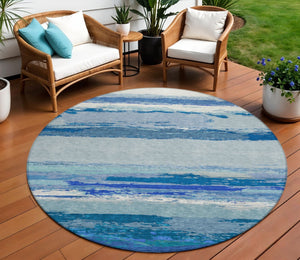 HomeRoots 5' Blue Abstract Indoor Outdoor Area Rug - Contemporary Design, Durable, Machine Washable, Versatile 8' Round 608639