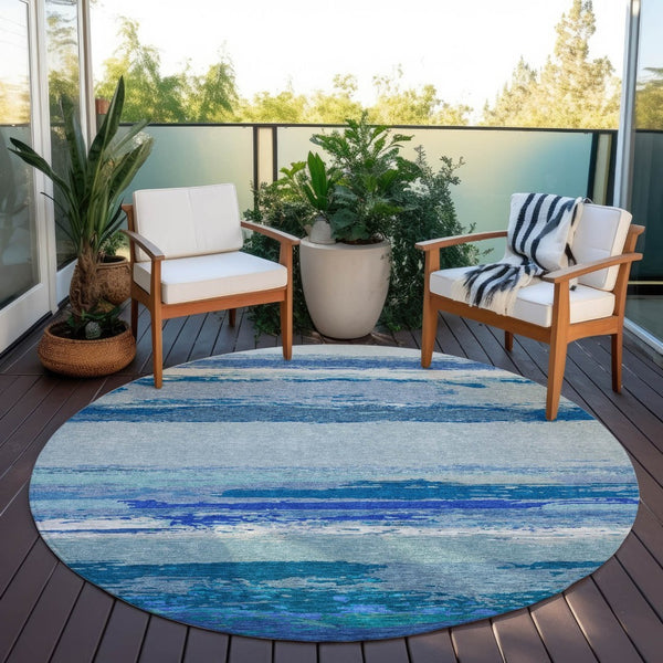 HomeRoots 5' Blue Abstract Indoor Outdoor Area Rug - Contemporary Design, Durable, Machine Washable, Versatile 8' Round 608639