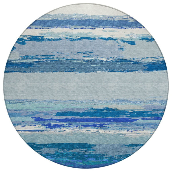 HomeRoots 5' Blue Abstract Indoor Outdoor Area Rug - Contemporary Design, Durable, Machine Washable, Versatile 8' Round 608639