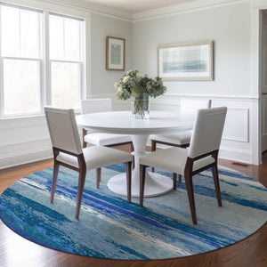 HomeRoots 5' Blue Abstract Indoor Outdoor Area Rug - Contemporary Design, Durable, Machine Washable, Versatile 8' Round 608639