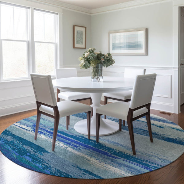 HomeRoots 5' Blue Abstract Indoor Outdoor Area Rug - Contemporary Design, Durable, Machine Washable, Versatile 8' Round 608639