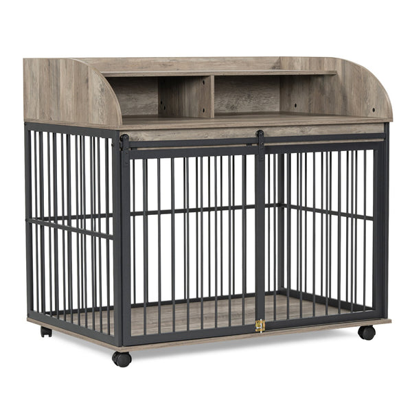English Elm GO Furniture-Style Dog Crate 44" Gray End Table Kennel with Sliding Barn Door, Storage Shelves, Wheels WF323360AAE