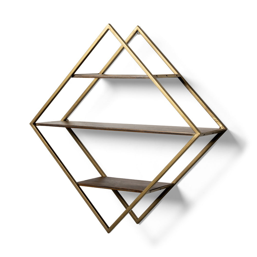 HomeRoots 30" Diamond Shaped Accent Shelf in Antiqued Brass & Brown Metal - Rustic Solid Wood Display Unit 608663