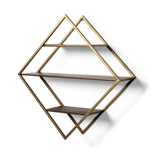 HomeRoots 30" Diamond Shaped Accent Shelf in Antiqued Brass & Brown Metal - Rustic Solid Wood Display Unit 608663