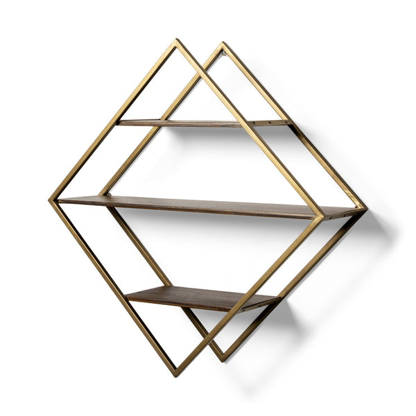 HomeRoots 30" Diamond Shaped Accent Shelf in Antiqued Brass & Brown Metal - Rustic Solid Wood Display Unit 608663