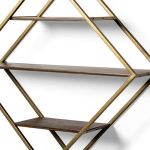 HomeRoots 30" Diamond Shaped Accent Shelf in Antiqued Brass & Brown Metal - Rustic Solid Wood Display Unit 608663