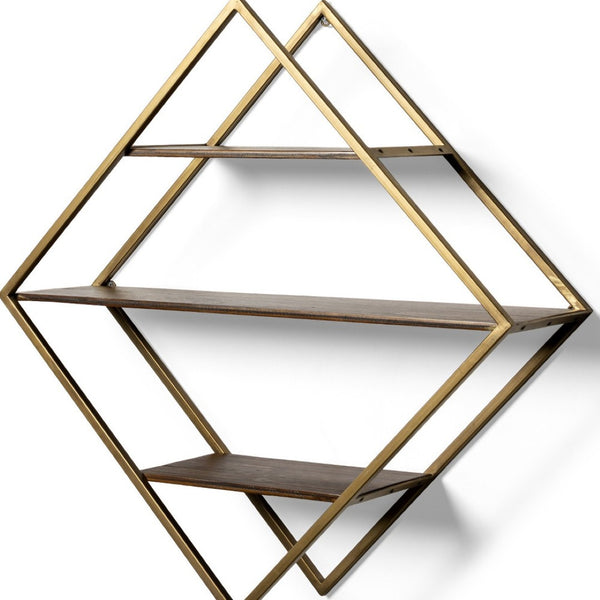 HomeRoots 30" Diamond Shaped Accent Shelf in Antiqued Brass & Brown Metal - Rustic Solid Wood Display Unit 608663
