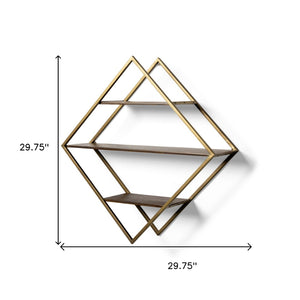 HomeRoots 30" Diamond Shaped Accent Shelf in Antiqued Brass & Brown Metal - Rustic Solid Wood Display Unit 608663
