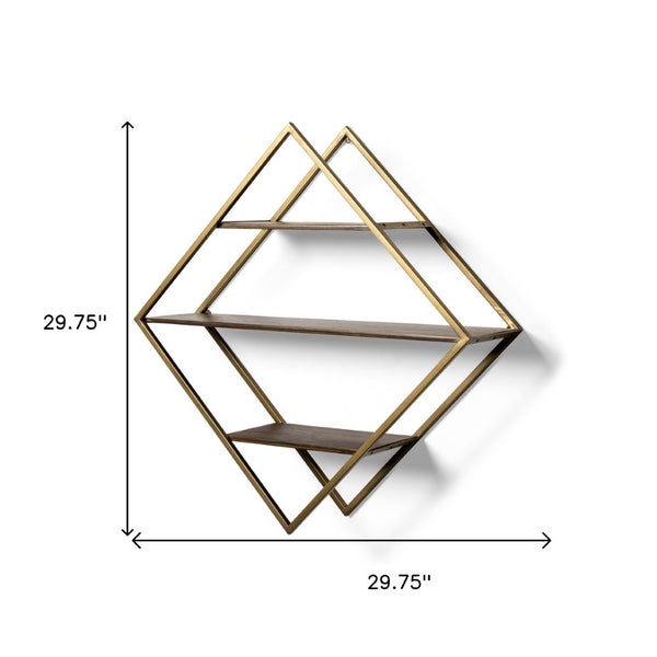 HomeRoots 30" Diamond Shaped Accent Shelf in Antiqued Brass & Brown Metal - Rustic Solid Wood Display Unit 608663