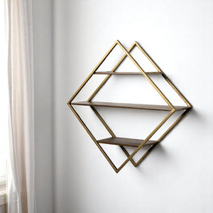 HomeRoots 30" Diamond Shaped Accent Shelf in Antiqued Brass & Brown Metal - Rustic Solid Wood Display Unit 608663