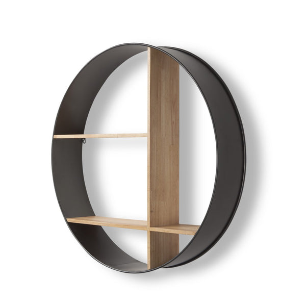 HomeRoots 36" Industrial Circular Wall Shelf - Black Metal & Brown Wood Multi Tier Display for Home Décor 608665