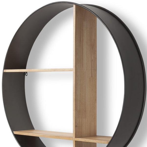 HomeRoots 36" Industrial Circular Wall Shelf - Black Metal & Brown Wood Multi Tier Display for Home Décor 608665