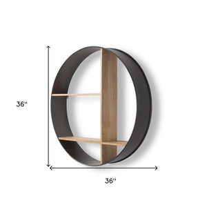 HomeRoots 36" Industrial Circular Wall Shelf - Black Metal & Brown Wood Multi Tier Display for Home Décor 608665
