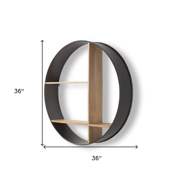 HomeRoots 36" Industrial Circular Wall Shelf - Black Metal & Brown Wood Multi Tier Display for Home Décor 608665