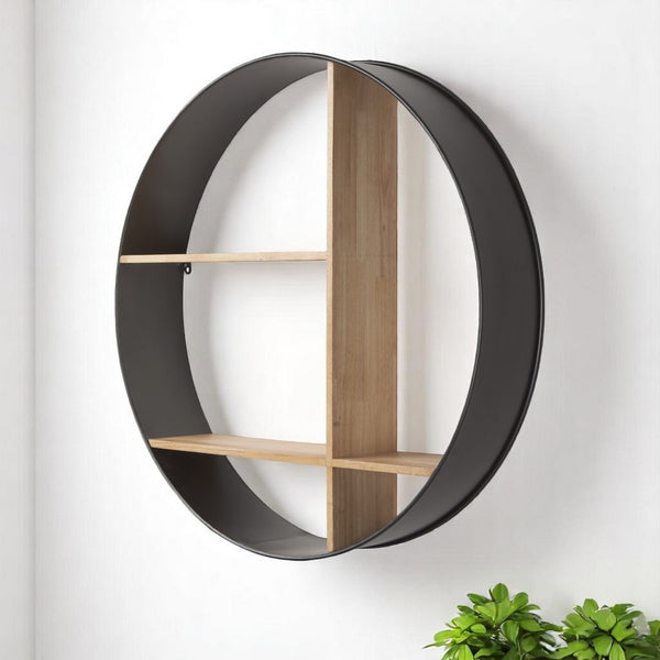 HomeRoots 36" Industrial Circular Wall Shelf - Black Metal & Brown Wood Multi Tier Display for Home Décor 608665