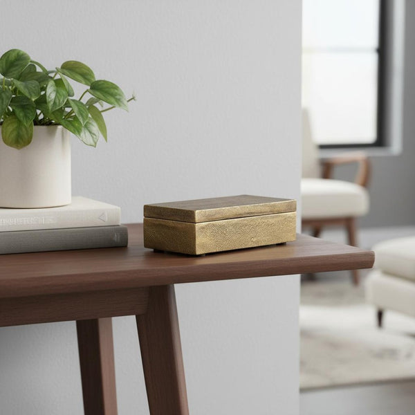 HomeRoots 3" Gold Metal Decorative Box Sculpture - Handcrafted Modern Accent for Elegant Tabletops & Gifts 608687