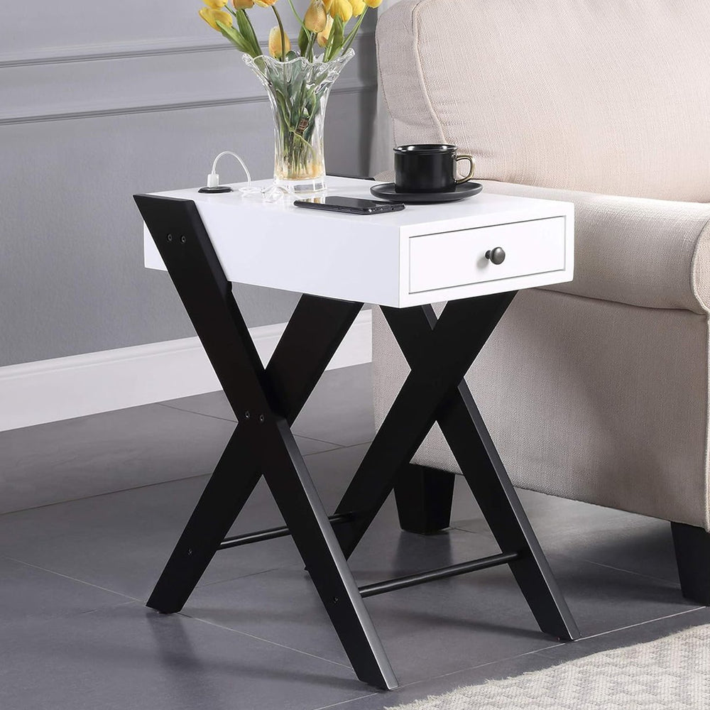 English Elm Accent table with USB power dock, wood top and X-frame legs, pullout drawer for tidy storage and display pieces White+Black B016P311134