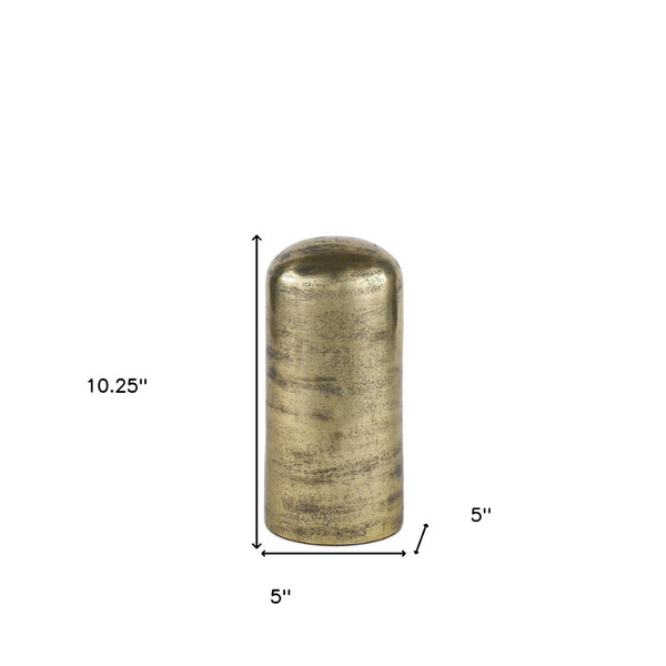 HomeRoots 10" Antiqued Brass Cylindrical Tabletop Sculpture – Handcrafted Geometric Art for Stylish Interiors 608701