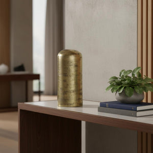 HomeRoots 10" Antiqued Brass Cylindrical Tabletop Sculpture – Handcrafted Geometric Art for Stylish Interiors 608701