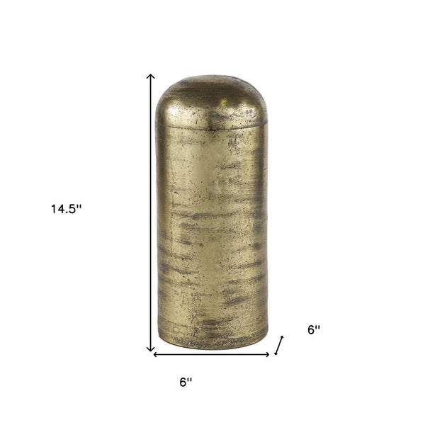 HomeRoots 15" Handcrafted Antiqued Brass Cylindrical Tabletop Sculpture - Elegant Accent for Any Space 608702