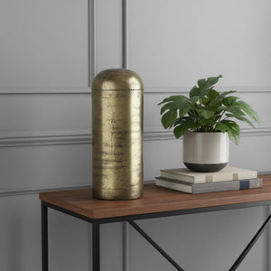HomeRoots 15" Handcrafted Antiqued Brass Cylindrical Tabletop Sculpture - Elegant Accent for Any Space 608702