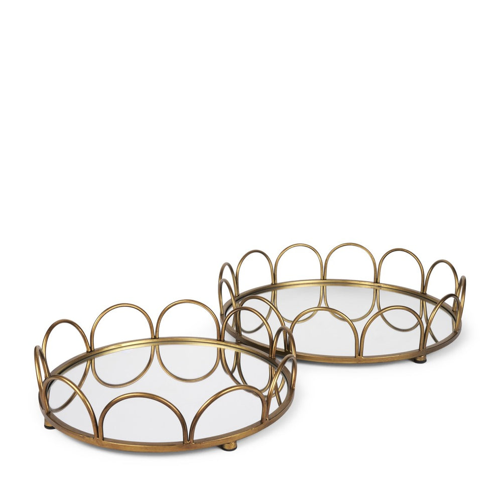 HomeRoots Set of Two Antiqued Gold Metal & Mirrored Glass Round Trays for Elegant Vanity Display & Storage 608712