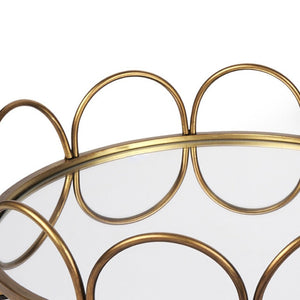HomeRoots Set of Two Antiqued Gold Metal & Mirrored Glass Round Trays for Elegant Vanity Display & Storage 608712