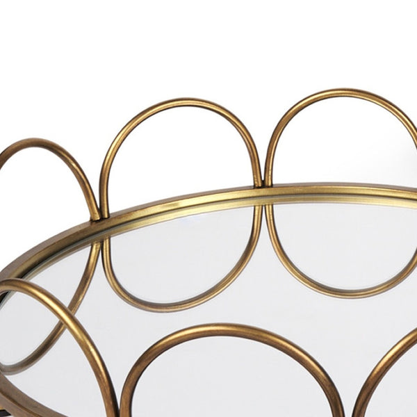 HomeRoots Set of Two Antiqued Gold Metal & Mirrored Glass Round Trays for Elegant Vanity Display & Storage 608712