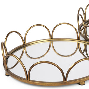 HomeRoots Set of Two Antiqued Gold Metal & Mirrored Glass Round Trays for Elegant Vanity Display & Storage 608712