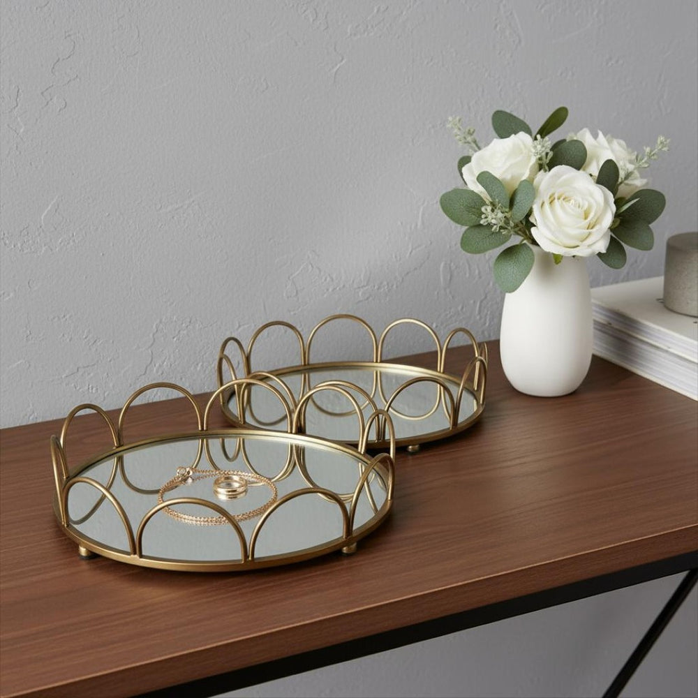 HomeRoots Set of Two Antiqued Gold Metal & Mirrored Glass Round Trays for Elegant Vanity Display & Storage 608712
