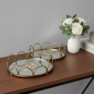 HomeRoots Set of Two Antiqued Gold Metal & Mirrored Glass Round Trays for Elegant Vanity Display & Storage 608712