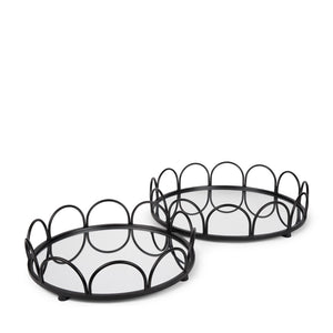 HomeRoots Set of Two Elegant Black and Silver Round Metal Vanity Trays with Mirrored Glass for Home Decor 608713