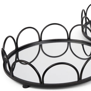 HomeRoots Set of Two Elegant Black and Silver Round Metal Vanity Trays with Mirrored Glass for Home Decor 608713