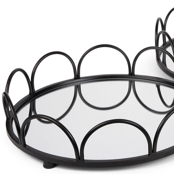 HomeRoots Set of Two Elegant Black and Silver Round Metal Vanity Trays with Mirrored Glass for Home Decor 608713