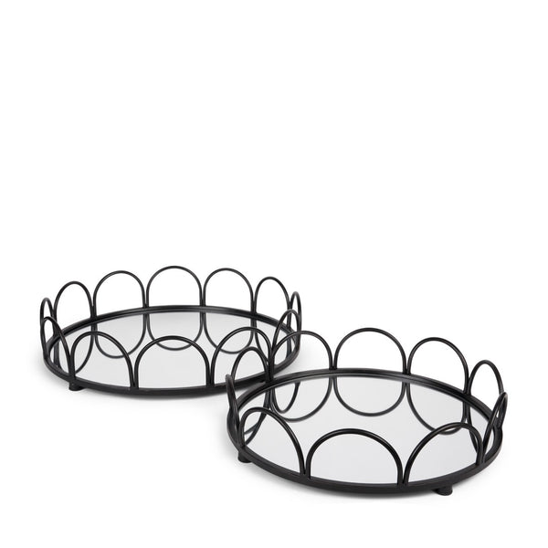 HomeRoots Set of Two Elegant Black and Silver Round Metal Vanity Trays with Mirrored Glass for Home Decor 608713