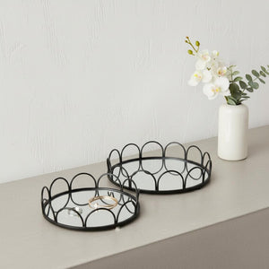 HomeRoots Set of Two Elegant Black and Silver Round Metal Vanity Trays with Mirrored Glass for Home Decor 608713