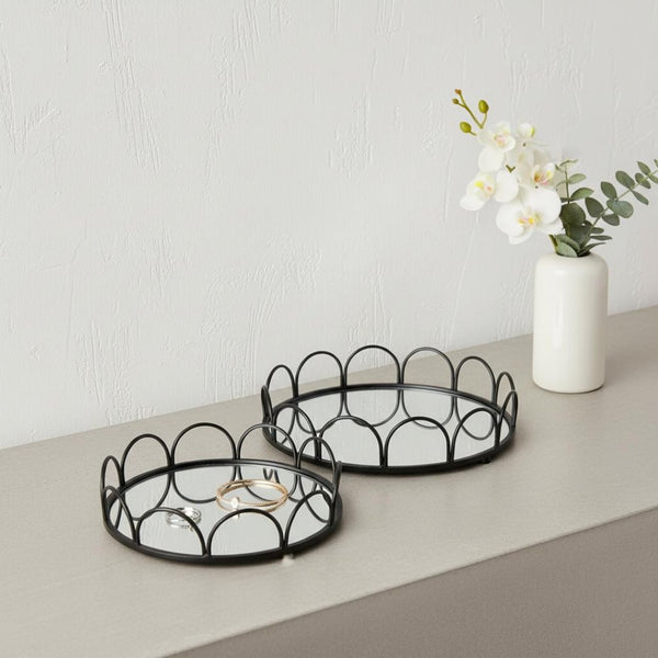 HomeRoots Set of Two Elegant Black and Silver Round Metal Vanity Trays with Mirrored Glass for Home Decor 608713