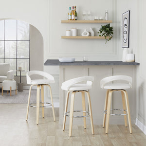 English Elm Fixed-height Swivel Barstools Walnut Bentwood Legs White Velvet Seat Set of 2 B202S01917