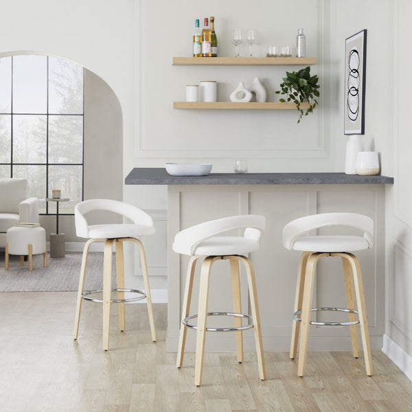 English Elm Fixed-height Swivel Barstools Walnut Bentwood Legs White Velvet Seat Set of 2 B202S01917