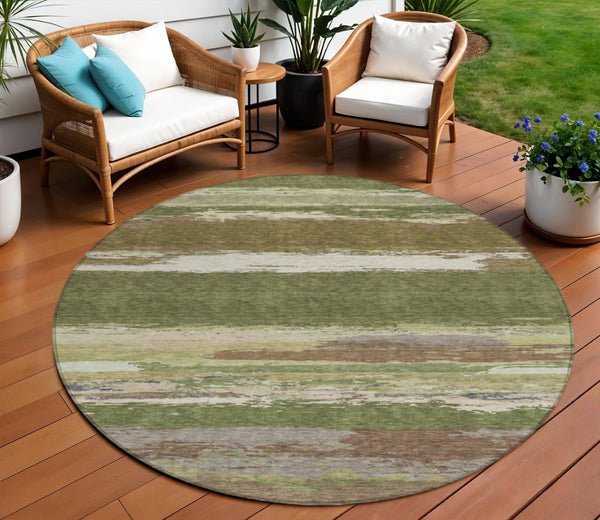 HomeRoots 5' Olive Green Abstract Area Rug – Durable, Washable, Stylish for Indoor & Outdoor Spaces 8' Round 608749