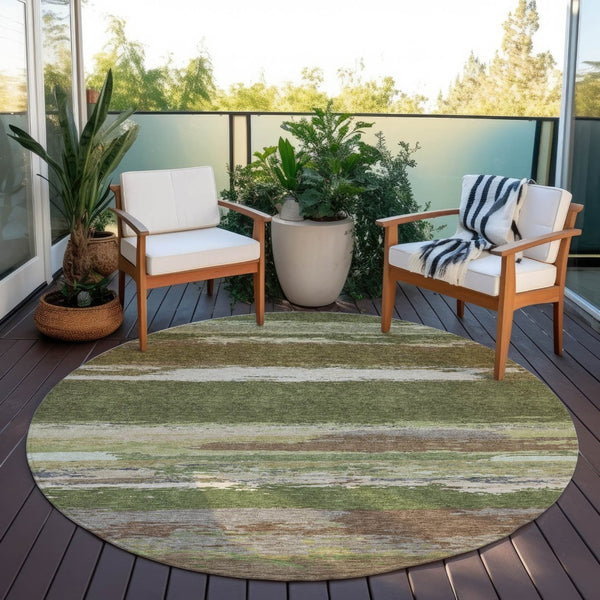 HomeRoots 5' Olive Green Abstract Area Rug – Durable, Washable, Stylish for Indoor & Outdoor Spaces 8' Round 608749