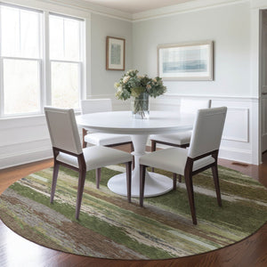 HomeRoots 5' Olive Green Abstract Area Rug – Durable, Washable, Stylish for Indoor & Outdoor Spaces 8' Round 608749