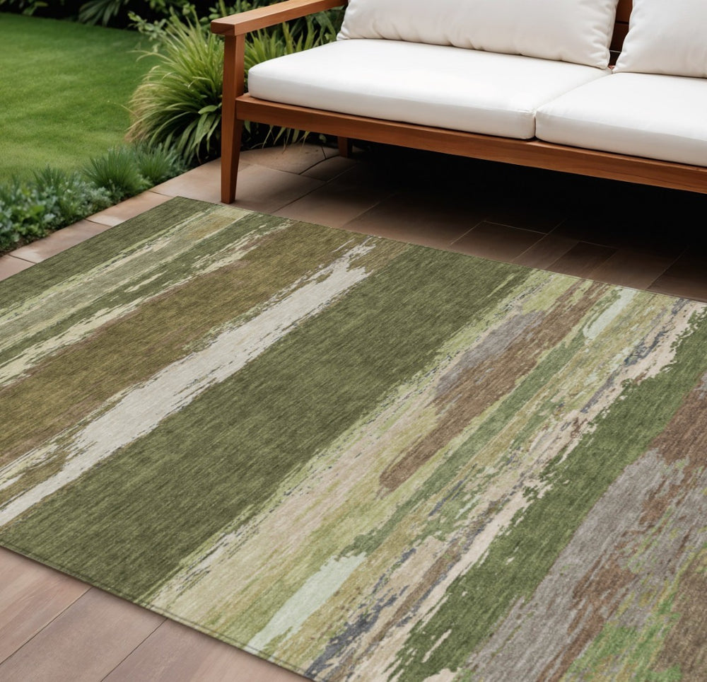 HomeRoots 5' Olive Green Abstract Area Rug – Durable, Washable, Stylish for Indoor & Outdoor Spaces 8' X 10' 608750