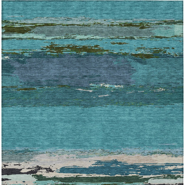 HomeRoots 5' Teal Blue Abstract Area Rug - Stylish, Washable Indoor/Outdoor Decor for High Traffic Spaces 5' X 8' 608754