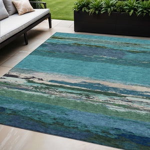 HomeRoots 5' Teal Blue Abstract Area Rug - Stylish, Washable Indoor/Outdoor Decor for High Traffic Spaces 5' X 8' 608754